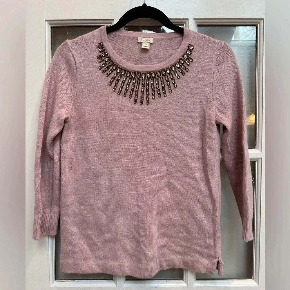 J. Crew Mauve Embellished Jeweled-Starburst Collar Sweater Merino Wool Size XS